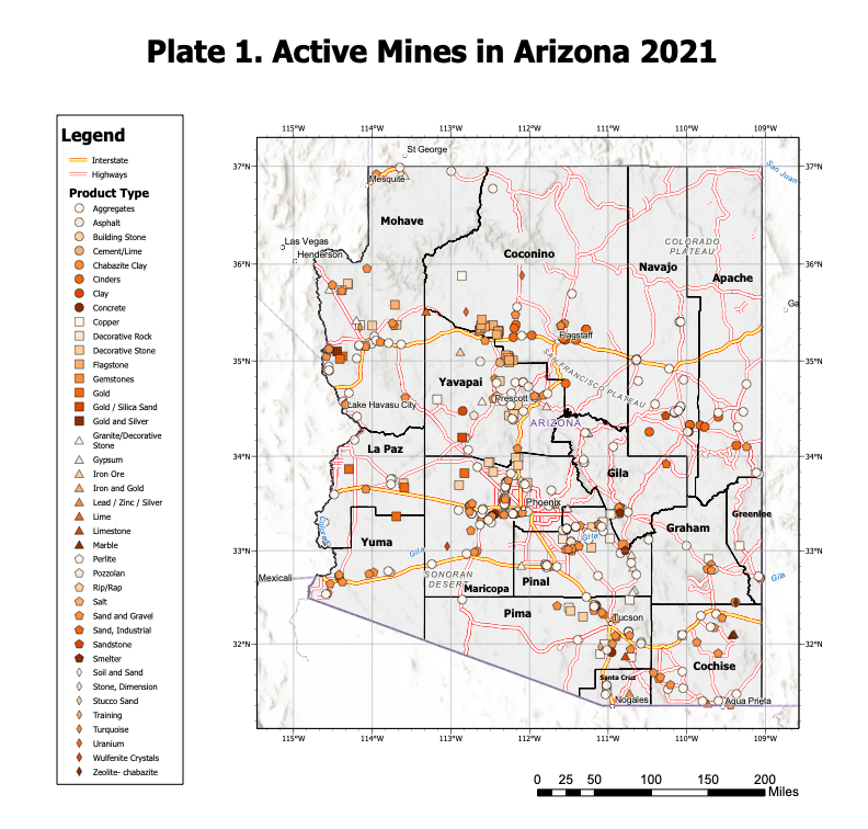 Distribution of active mines in Arizona ca. 2021
