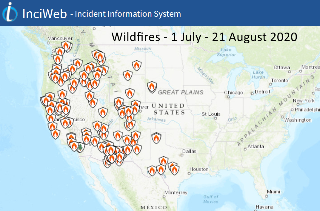 Inciweb map showing summer 2020 wildfires